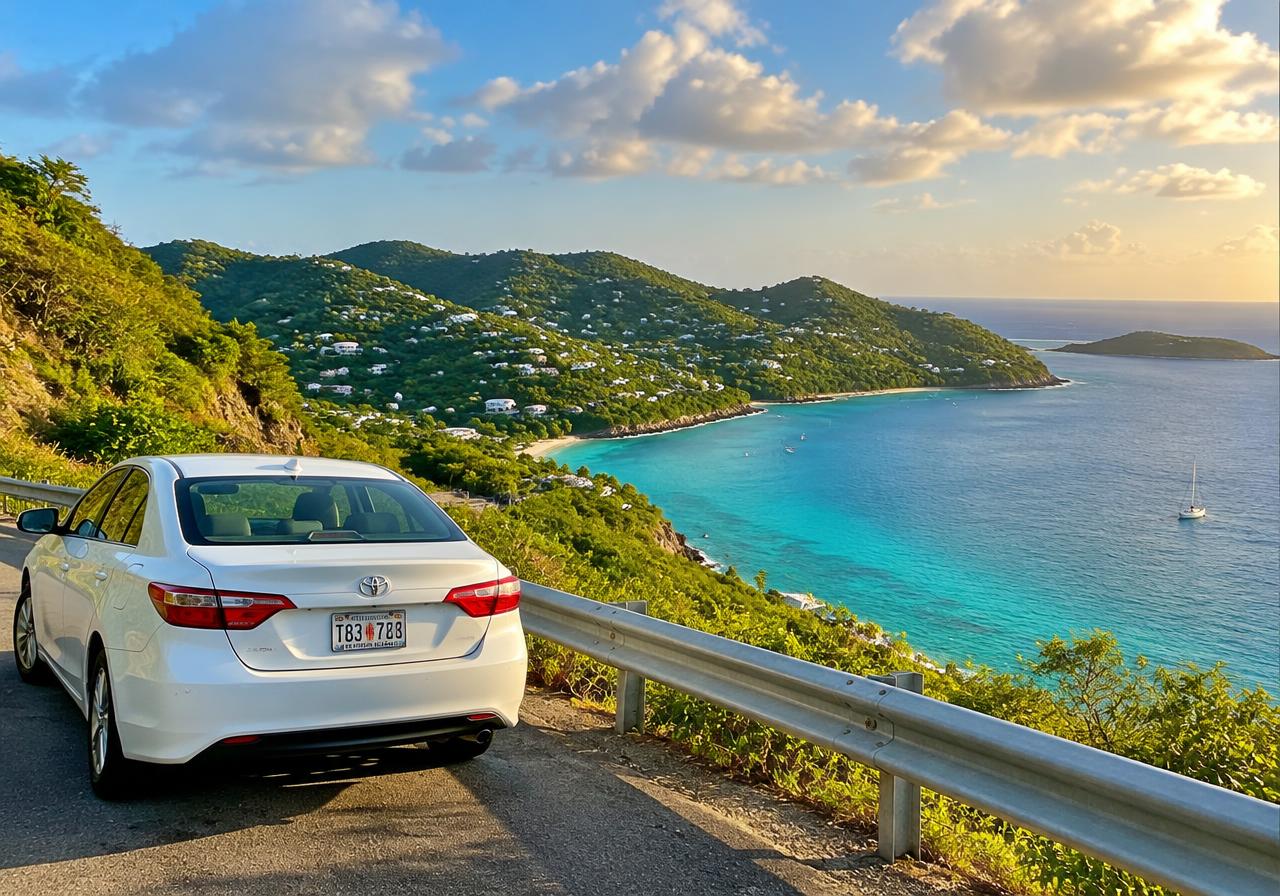 Rental car on a coastal road above a turquoise bay in St. Thomas